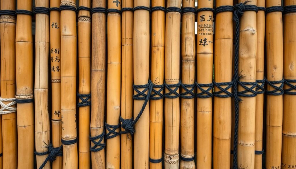 Artisanal bamboo fence with decorative rope binding patterns