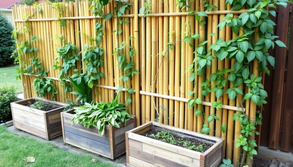 Bamboo fence with built-in or attached planters for growing climbing plants