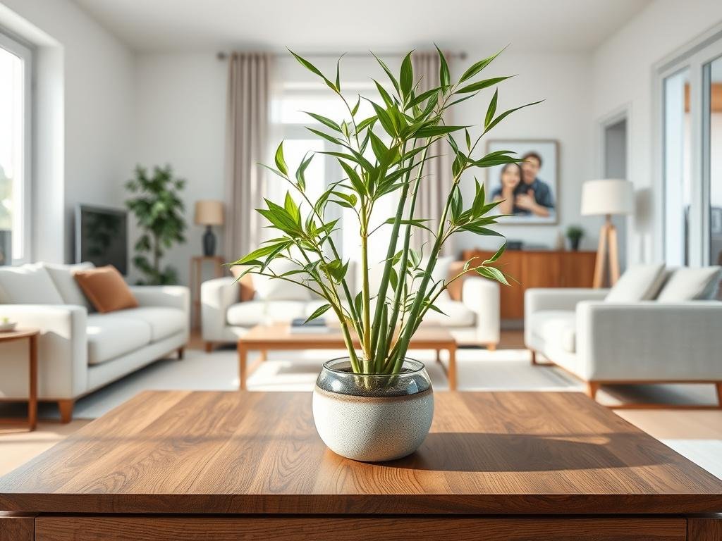 Bamboo plant centerpiece on coffee table in modern living room