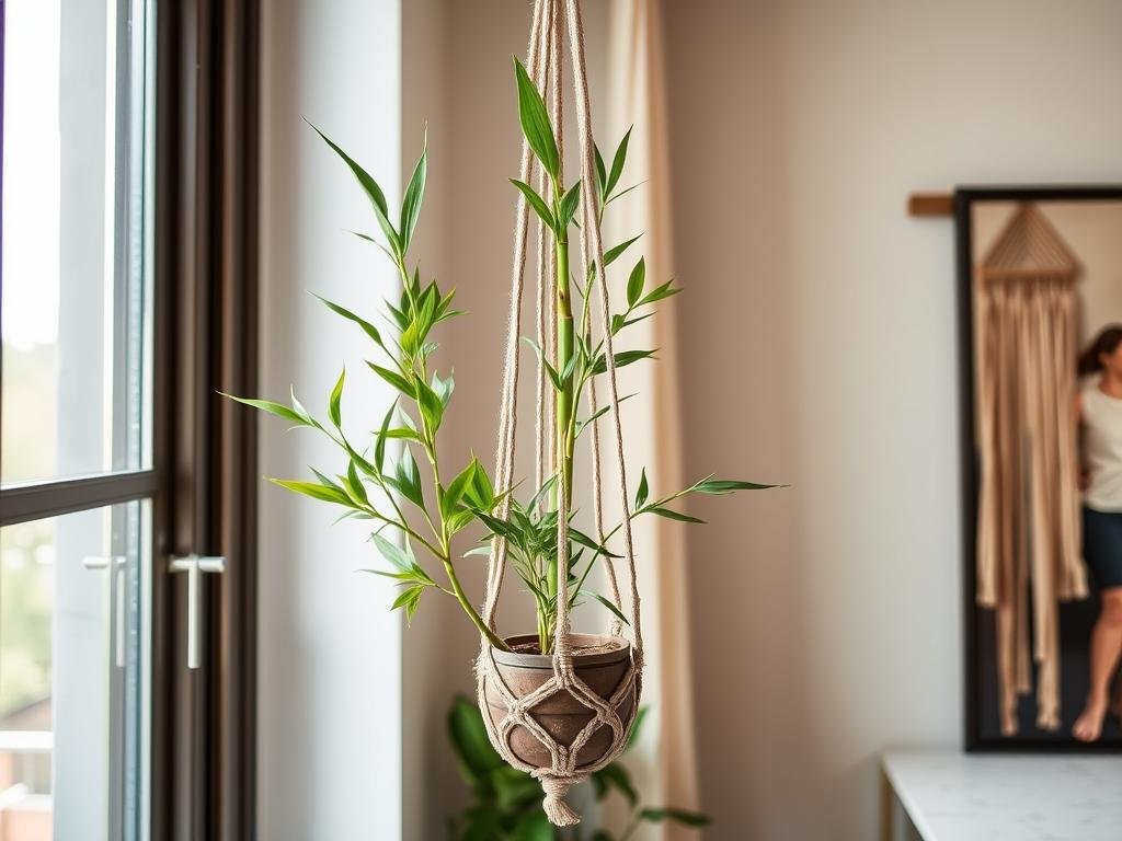 Bamboo plant in hanging macrame holder by window