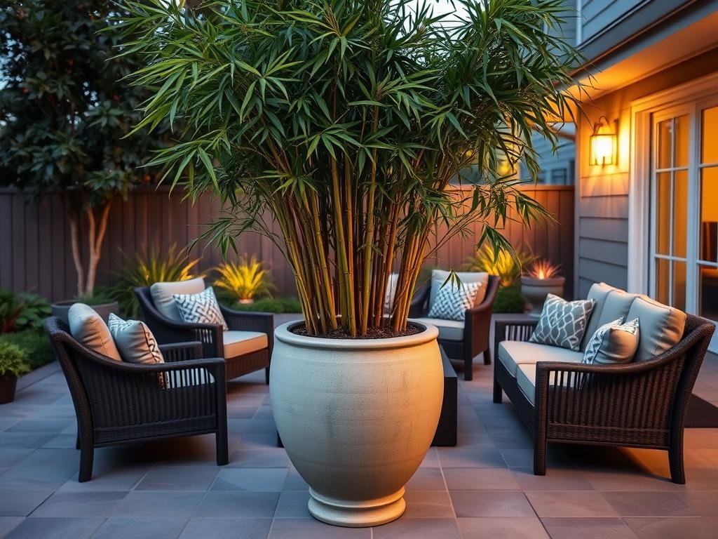 Bamboo plant in large decorative pot as patio focal point