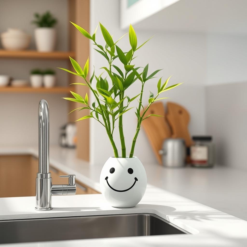 Bamboo plant in smiley vase near kitchen sink
