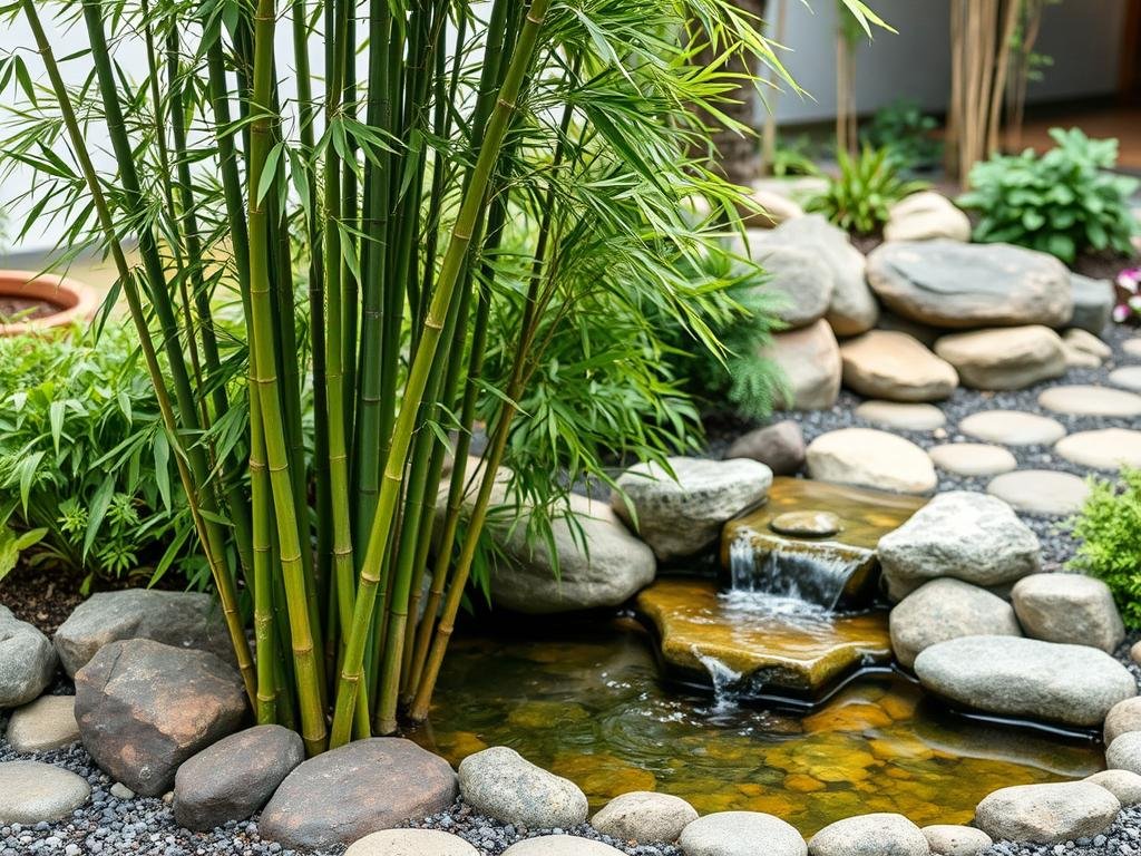 Bamboo plant in water feature creating zen garden atmosphere