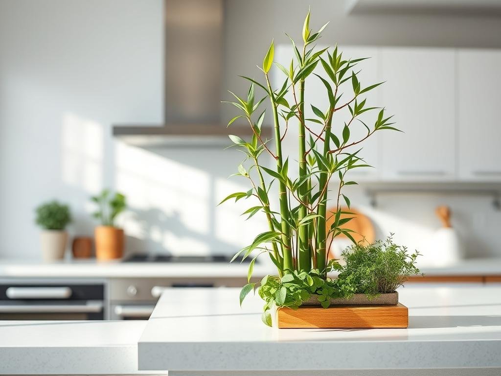 Bamboo plant on kitchen shelf with herb garden
