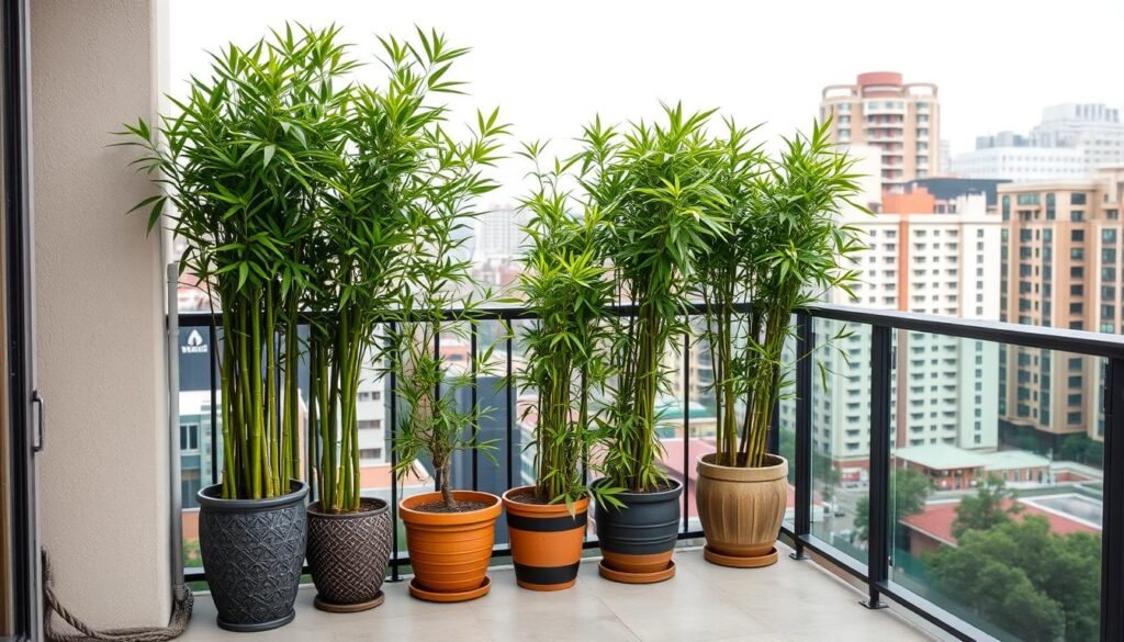 Bamboo plants in decorative pots on balcony railing