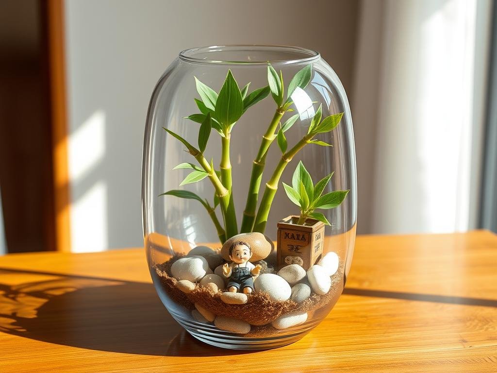 Bamboo terrarium with layers of stones and plants