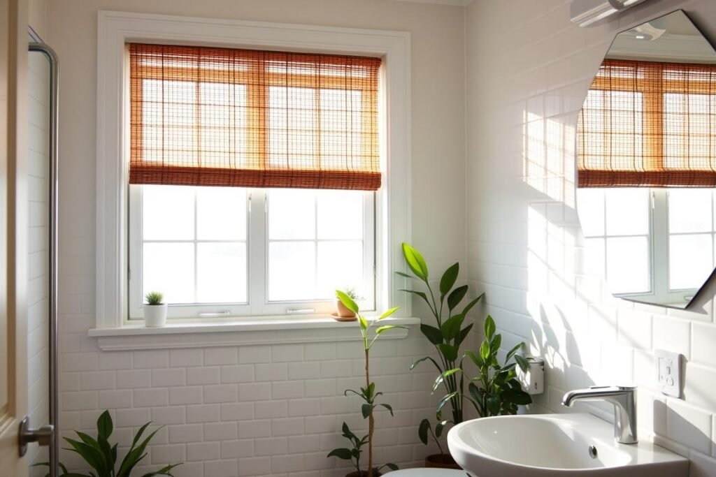 Bathroom with ventilated bamboo blinds and privacy liner