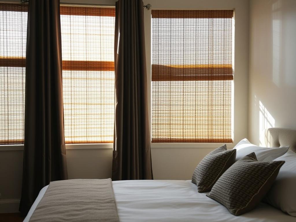 Bedroom with layered bamboo blinds and blackout curtains