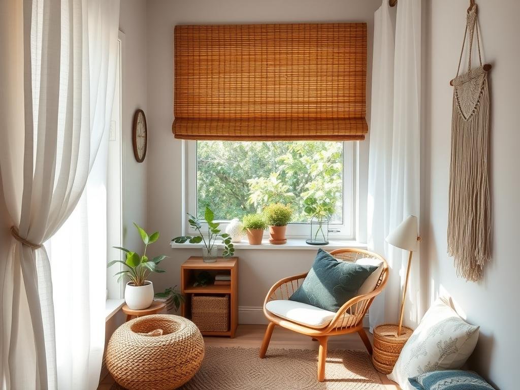 Boho reading nook with bamboo roman shade and sheer curtains