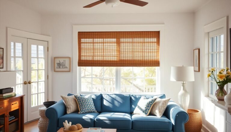 Coastal living room with light-filtering bamboo blinds