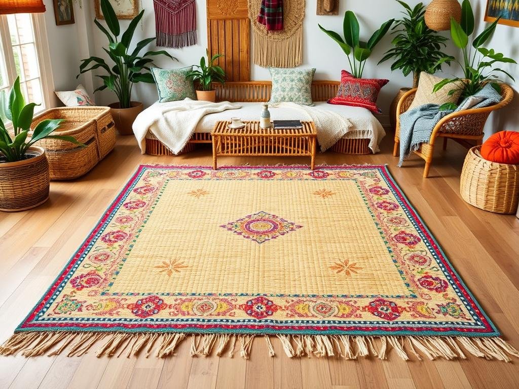 Colorful bohemian bamboo area rug in an eclectic living space with plants and natural elements