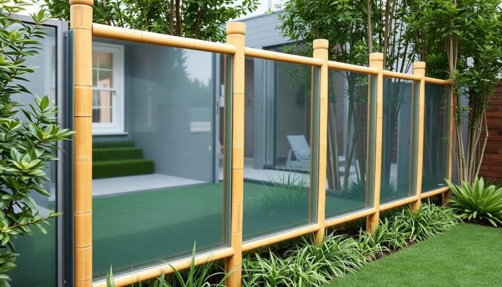 Contemporary fence combining bamboo frames with glass