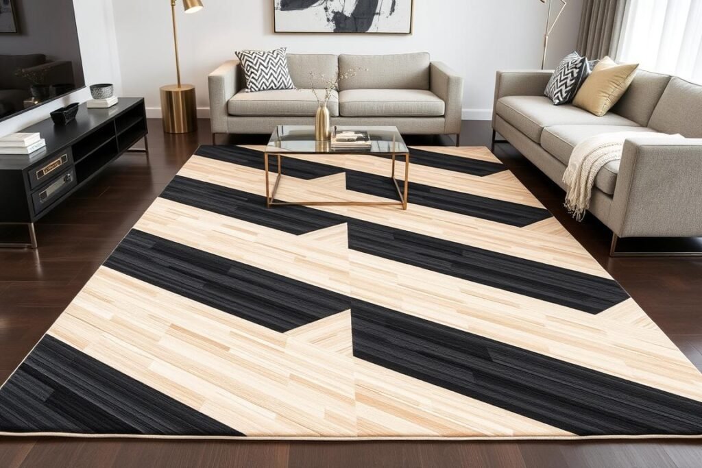 Contemporary geometric bamboo rug with bold patterns in a modern living room setting