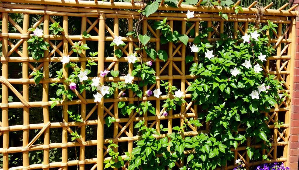 Decorative bamboo trellis fence supporting climbing plants
