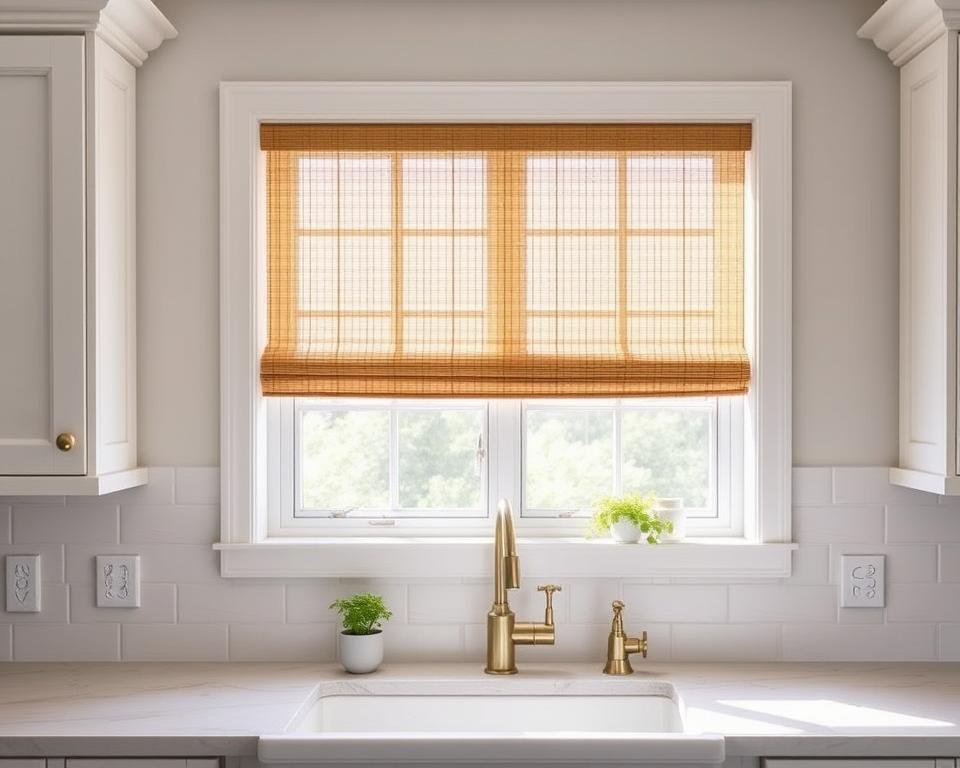 Kitchen window with moisture-resistant bamboo blinds