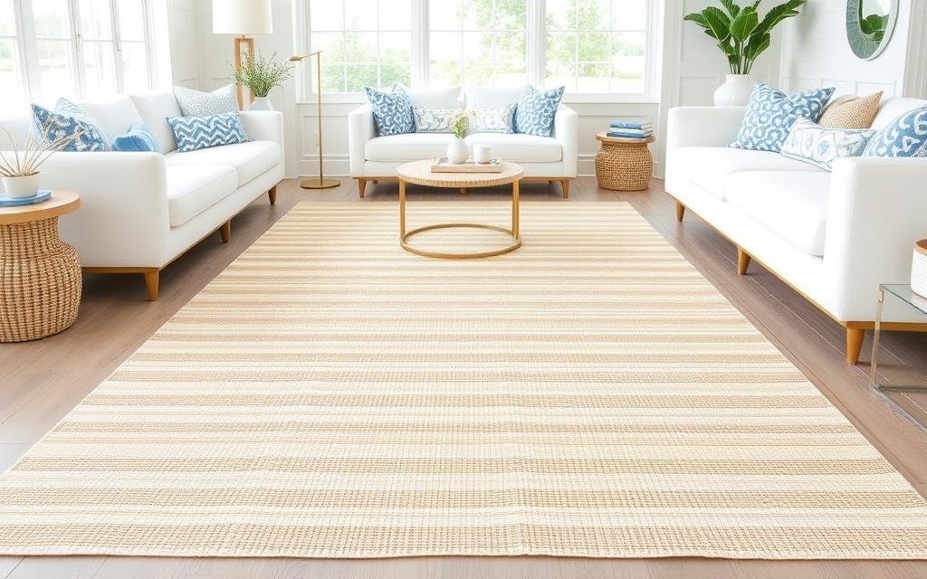 Light-colored coastal bamboo rug in a beach-inspired room with blue accents and natural light