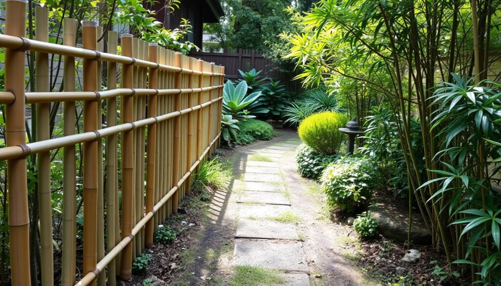 Low bamboo rail fence defining a garden pathway or border