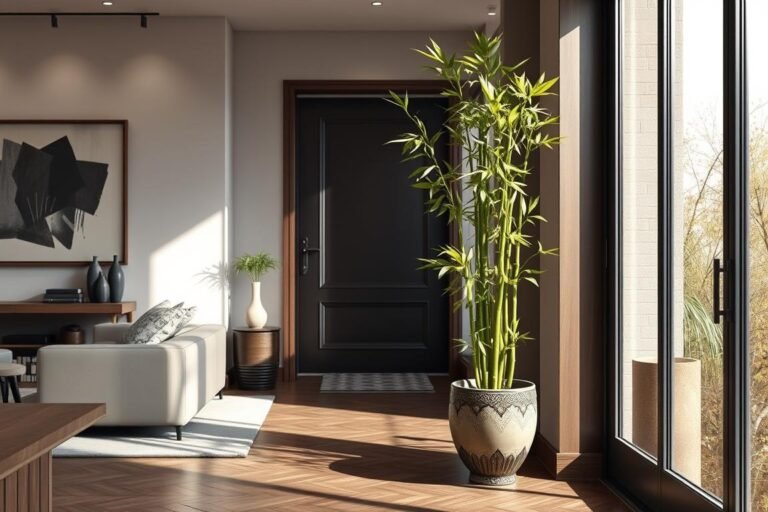 Lucky bamboo plant arrangement next to living room entrance door