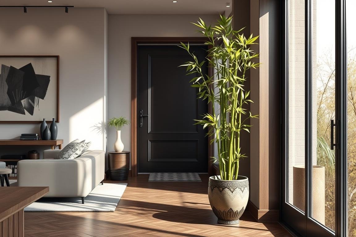 Lucky bamboo plant arrangement next to living room entrance door