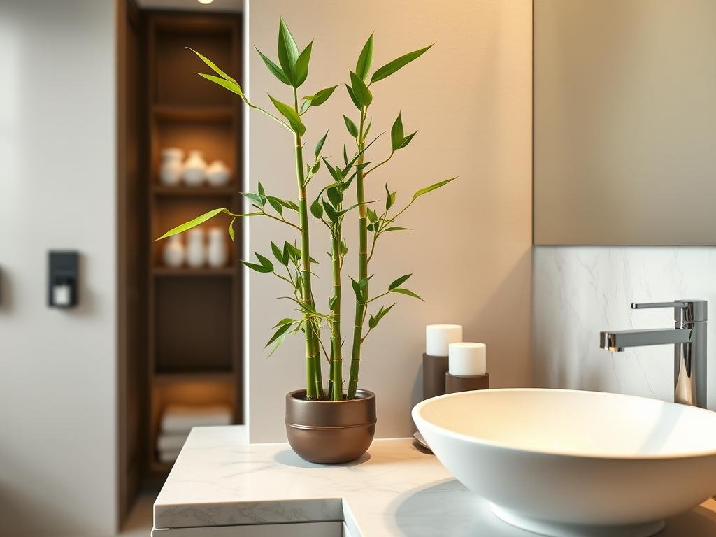 Lucky bamboo plant next to bathroom sink in spa-like setting