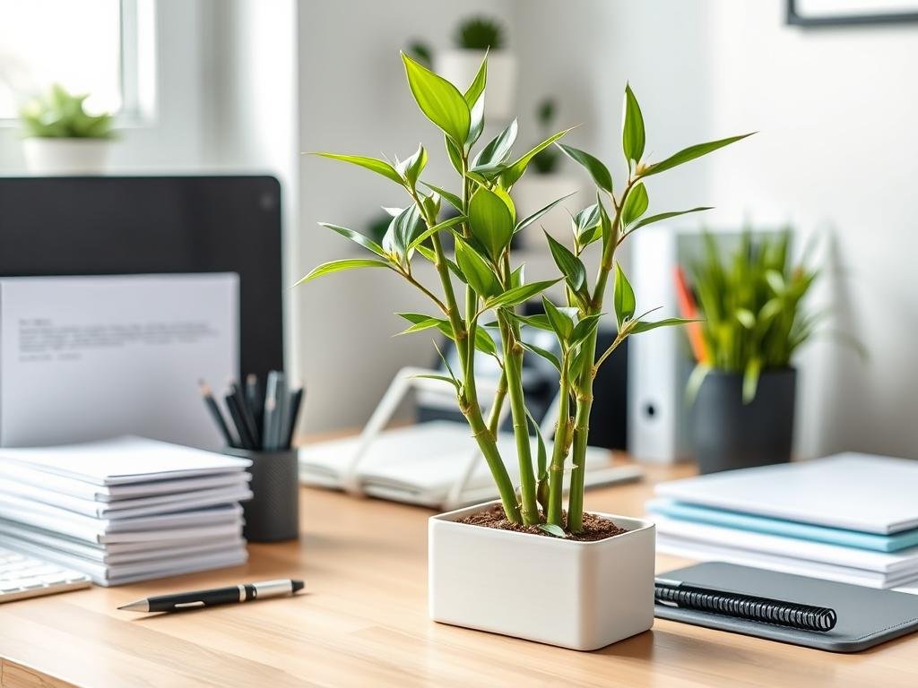 Lucky bamboo plant on desk with office supplies