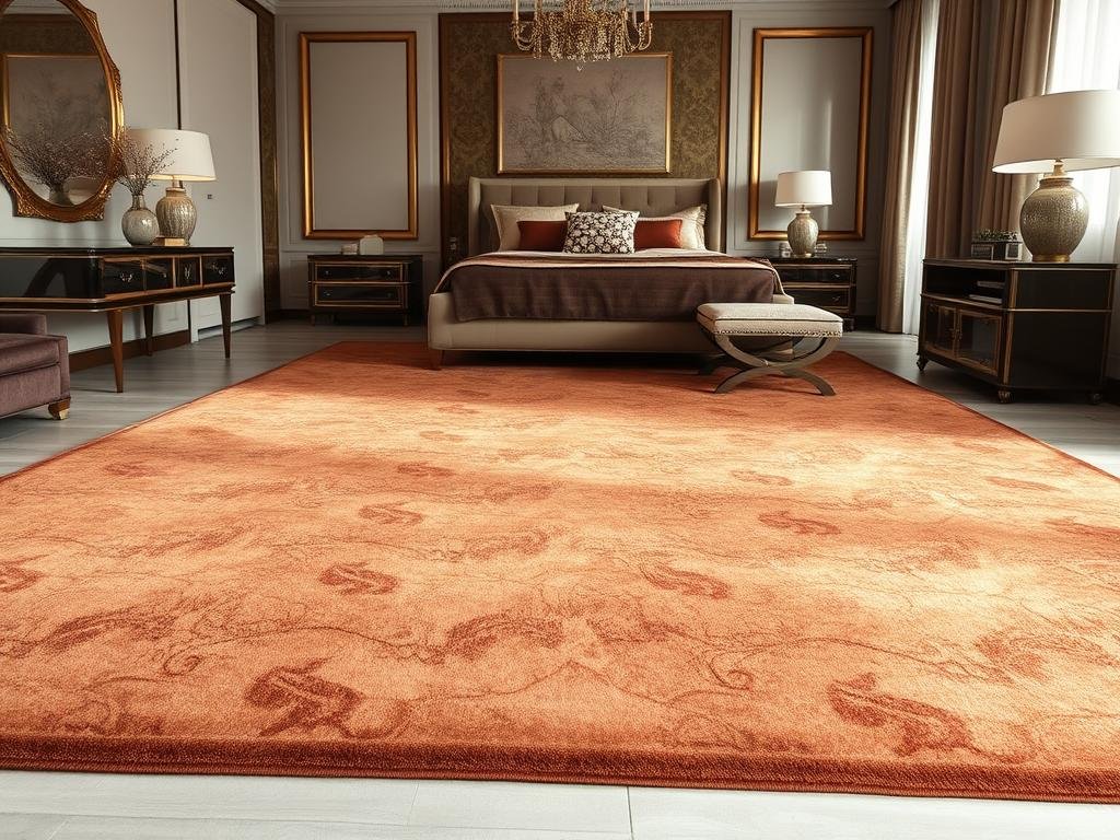 Luxurious bamboo silk blend rug with soft sheen in an upscale bedroom setting