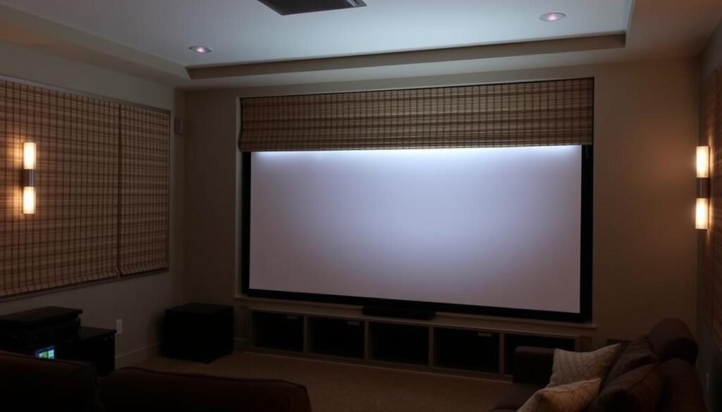 Media room with dual-layer bamboo and blackout solution