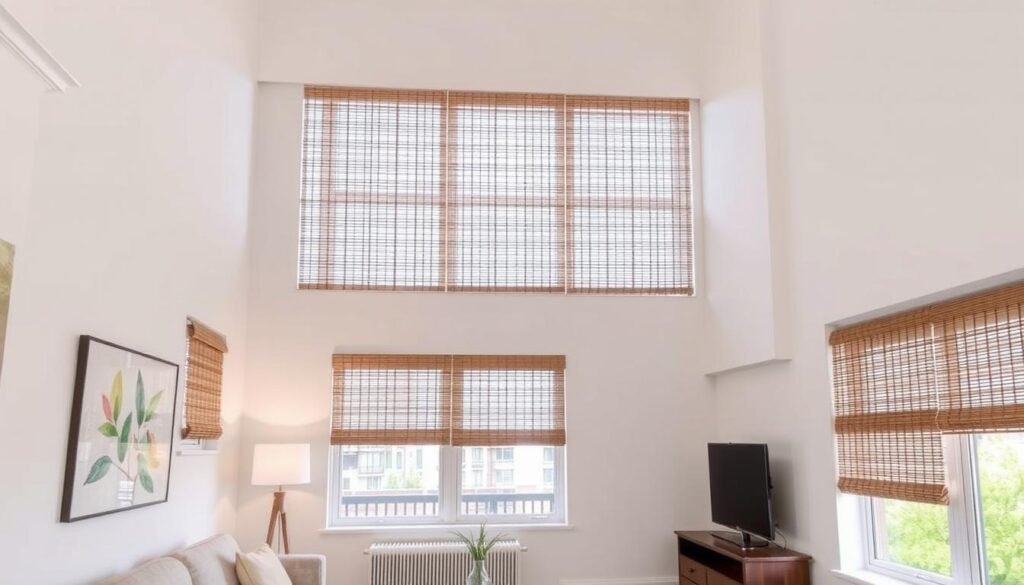 Minimalist apartment with ceiling-mounted bamboo blinds