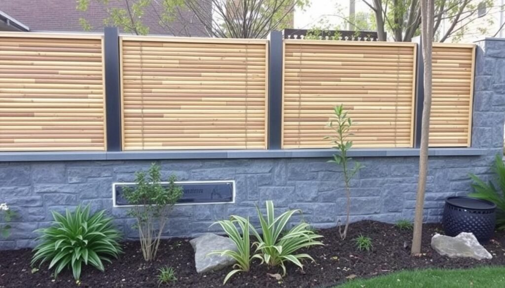 Modern fence combining bamboo panels with stone or concrete posts