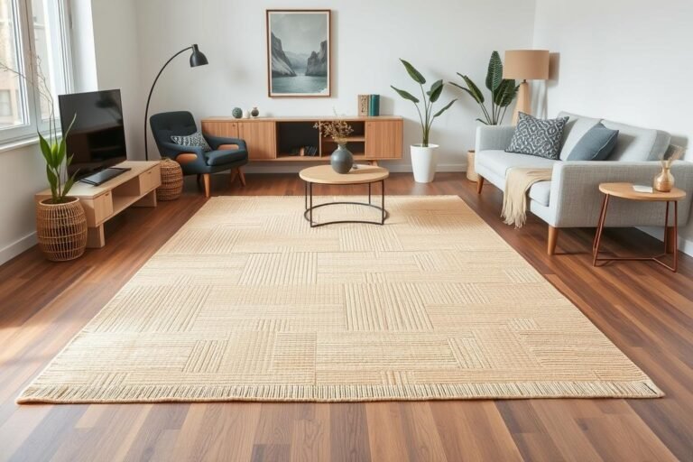 Modern minimalist bamboo rug in a contemporary living room with clean lines and neutral colors