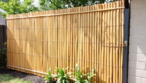 Natural rolled bamboo privacy fence installed in a backyard garden