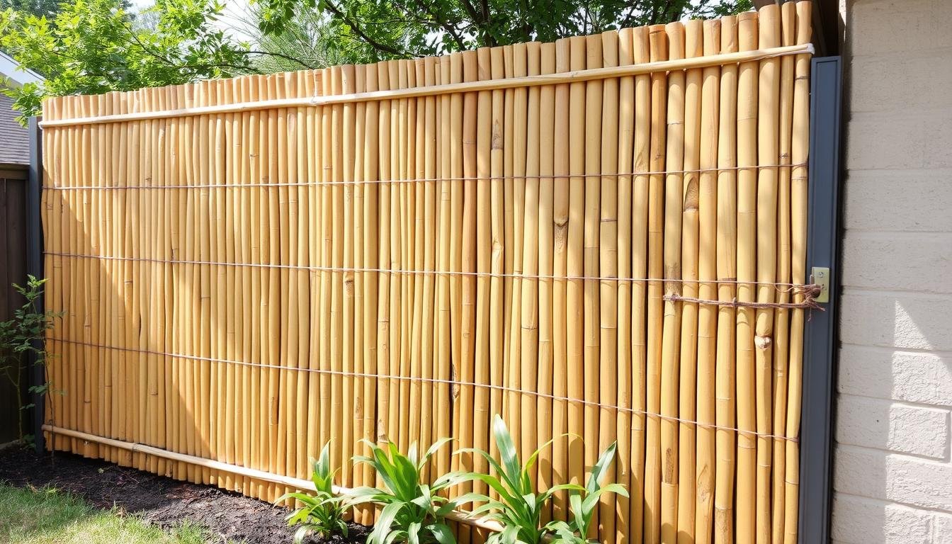 Natural rolled bamboo privacy fence installed in a backyard garden