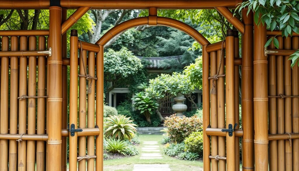 Ornate bamboo garden gate with decorative frame and details