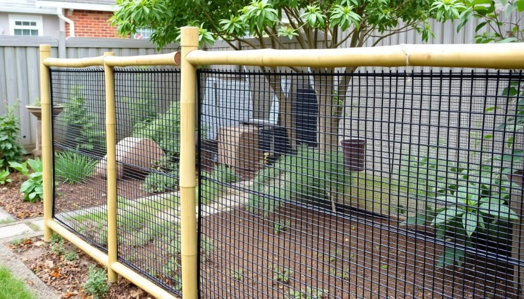 Practical fence combining bamboo frame with wire mesh for containing pets or children