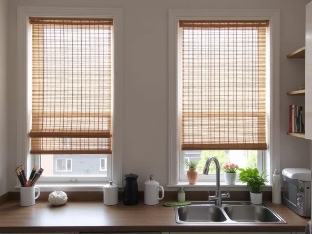 Rental-friendly tension-rod café bamboo blinds