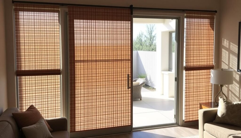 Sliding glass doors with panel-track bamboo blinds
