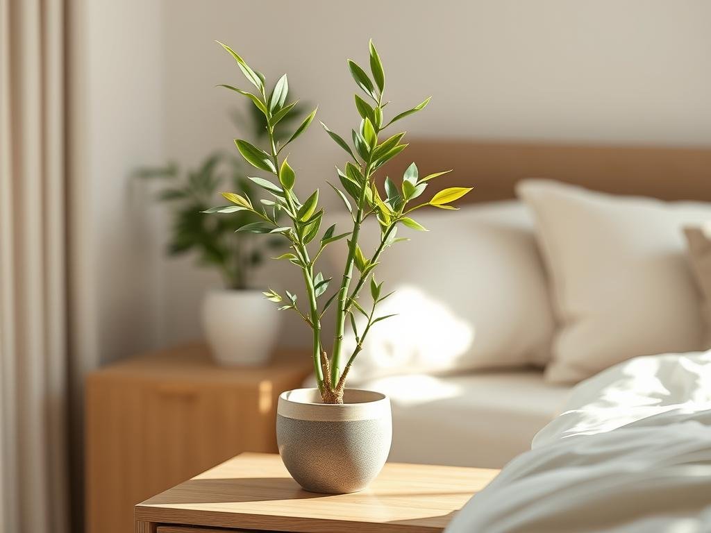 Small bamboo plant on bedside table in serene bedroom