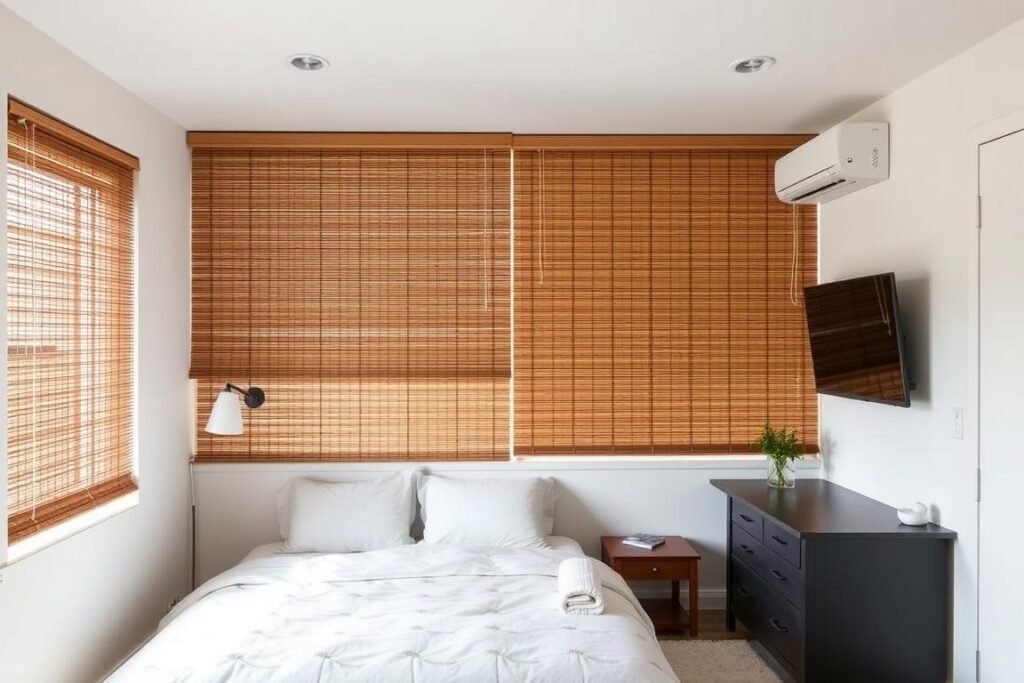 Small studio with light-filtering bamboo blinds as space dividers