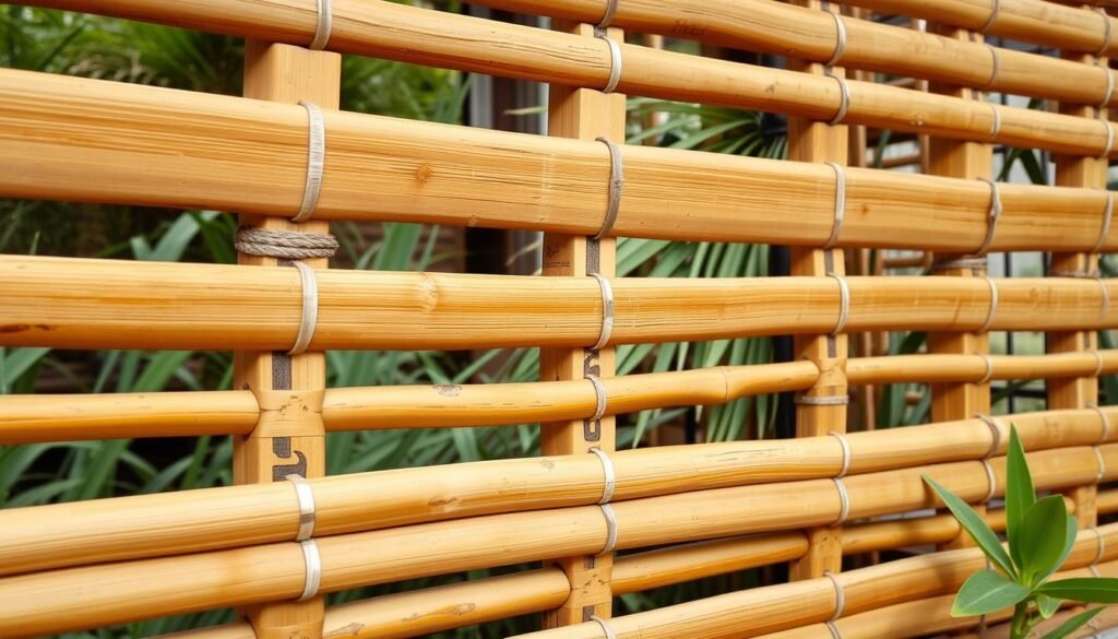 Split bamboo fence panel showing the flat, processed bamboo slats arranged horizontally