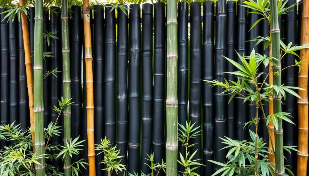 Striking fence made from black bamboo varieties creating a dramatic garden feature