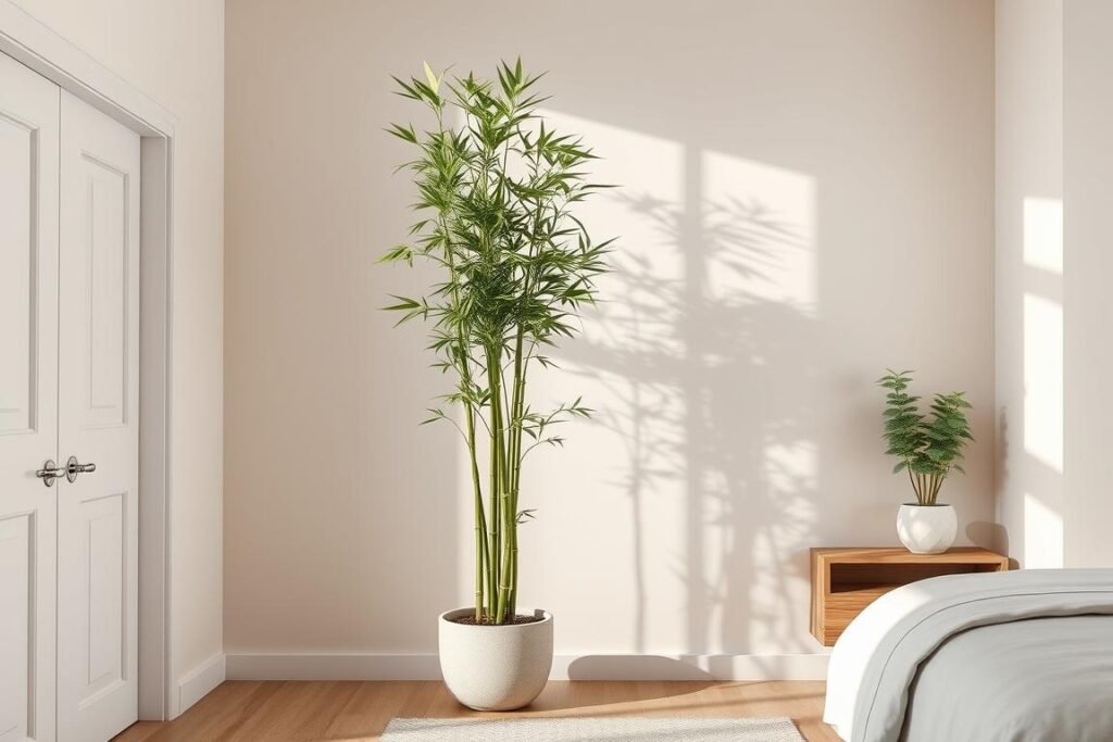 Tall bamboo plant creating contrast against bedroom wall