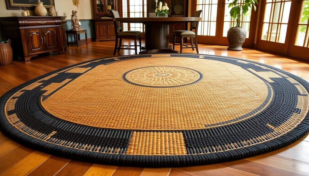 Traditional Asian-inspired bamboo rug with intricate patterns in an elegant dining room setting