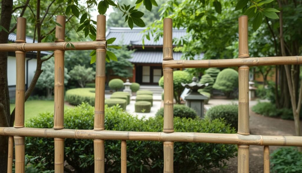 Traditional Japanese four-eyed bamboo fence with horizontal rails and vertical bamboo poles