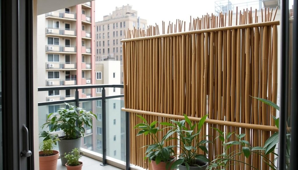 Urban bamboo privacy screen installed on apartment balcony or terrace